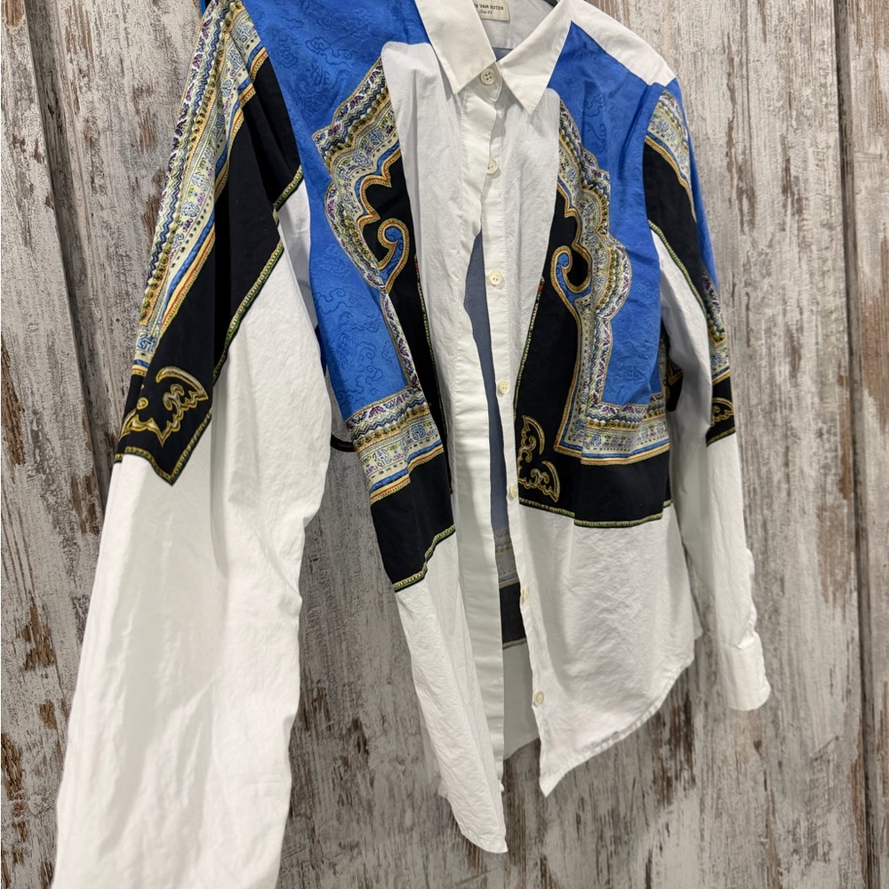 Dries Van Noten Blue and Black Patterned Button-Down Shirt - Picture 2 of 4